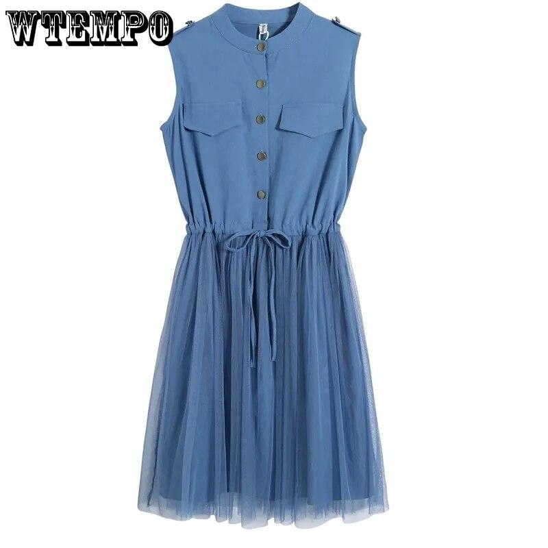 Korean Dresses Women Pink Summer Net Yarn Hem Sleeveless Midi Shirt Dress Drawstring Belt Slim Blouse Girl Uniform Casual Dress