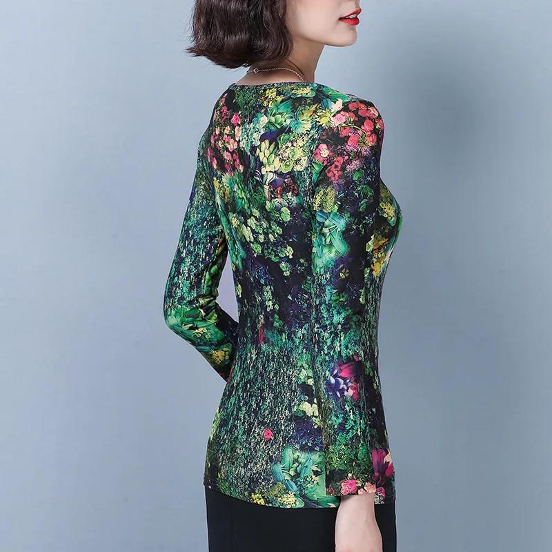 Women's Spring and Autumn Round Neck Long-sleeved T-shirt Printed Loose Top Mother Clothes