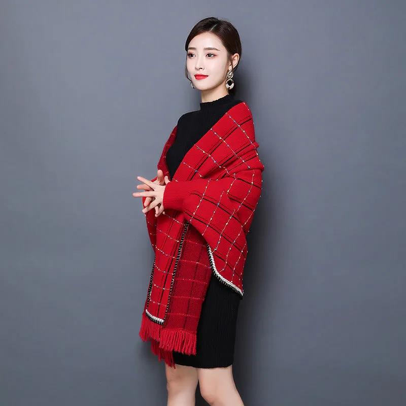 Women's Shawl with Sleeves Autumn and Winter Knitting Waterproof Mink Fleece Slim Slimming Outer Thick Plaid High-end Cloak Temperament Wrap