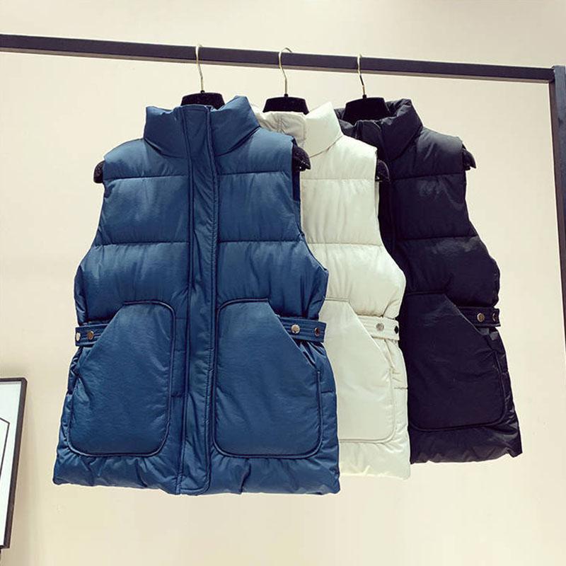 Autumn and Winter Korean Style Temperament Vest Solid Color Stand-up Collar Tie Coat Thickening Short Female Down Cotton Vest