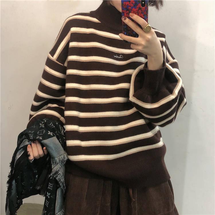 O-Neck Pullovers Women Chic Soft  Sweaters Tops Sweet Student Loose Striped Knitted Pullover