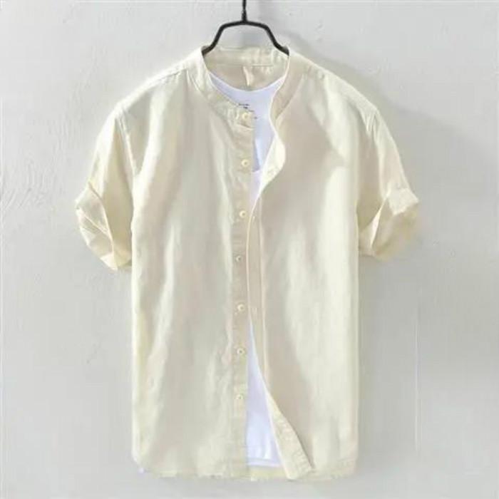 Linen Shirt Men's Short-sleeved Stand-up Collar Summer Thin Loose Cotton and Linen White Shirt Men's Small Fresh Casual Shirt Men