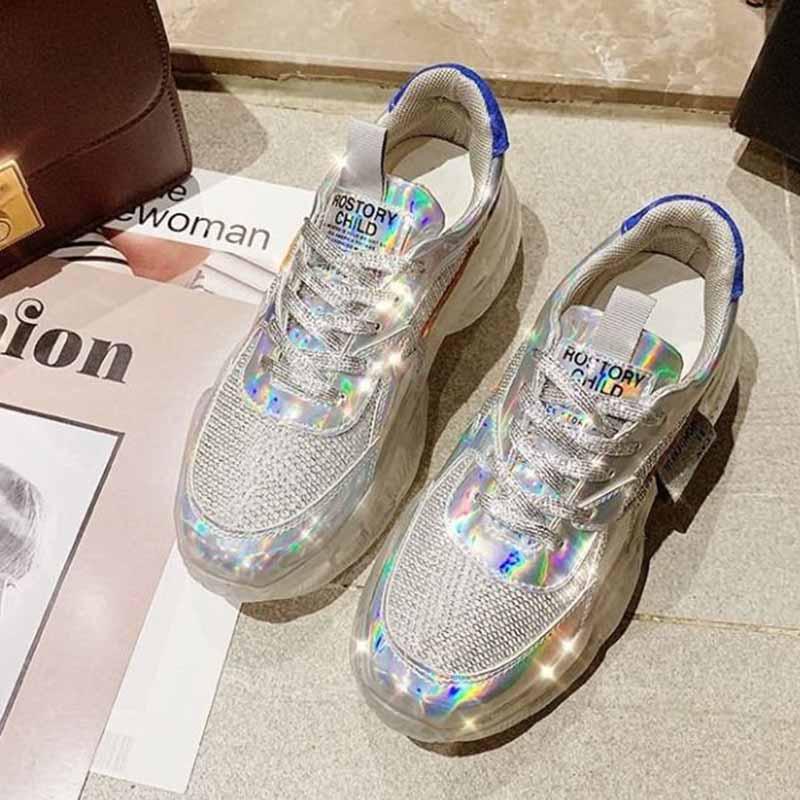 Plus Size 35-40 Summer Women Leather Sneakers Students Breathable Running Basketball Shoes Shockproof Non-slip Laser Colorful Heighten Shoes