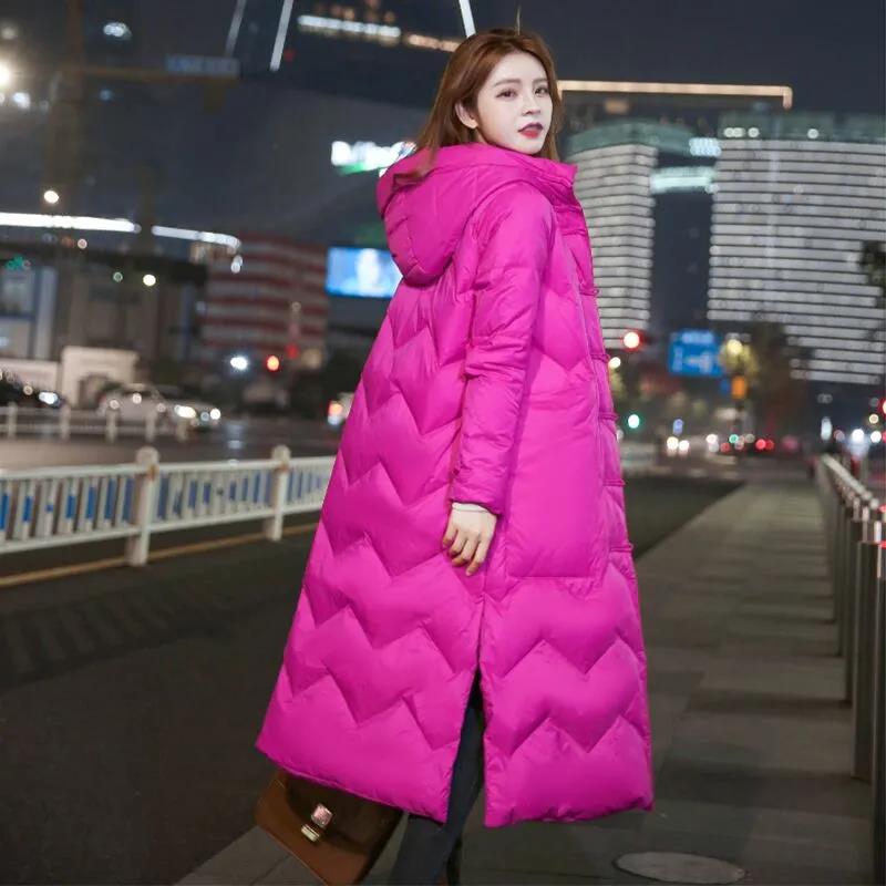 Long Down Jacket Retro Literary Print Hooded Cotton Jacket Lengthened Thick Loose Slit Windbreaker Jacket