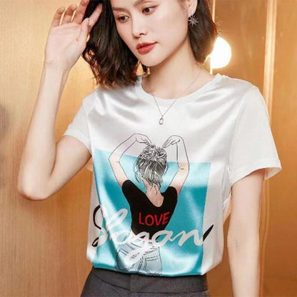 Skin-friendly Silky Imitation Silk Short-sleeved T-shirt Women's Printed Summer Shirt Korean Version Loose and Thin Top