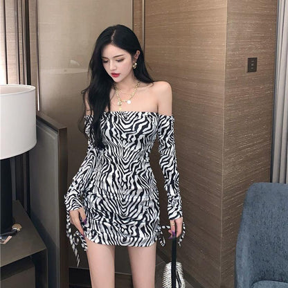 Women Sexy Off-shoulder Dress Long-sleeved  Summer High Waist A-line Dress Sexy Bodycon Dress