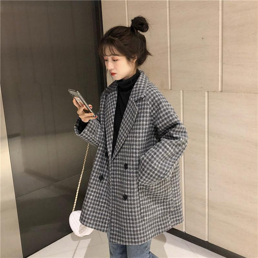 Winter Korean Mid-length Loose Lapel Thick Woolen Coat Women Retro Plaid Coat