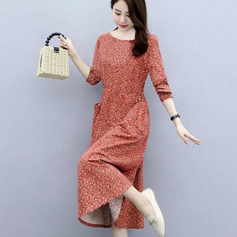 Women Floral Long Dress Casual Cotton Skirt Tight Waist Show Thin Bottom Dress Ethnic Long Sleeve Clothing
