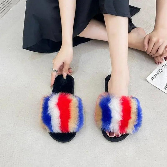 Furry Slippers Winter Slipper for Women Fashion Colorful Fur Cotton Slides Plat Non Slip Open Toe Indoor Slippers Shoes Plus Size