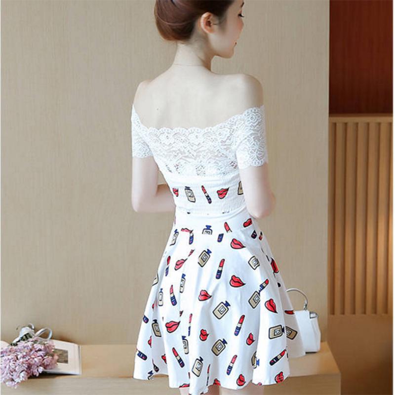 Summer Printed Dress Sexy Lace Slash Neck Off-shoulder Party Club Dress Strapless Dress