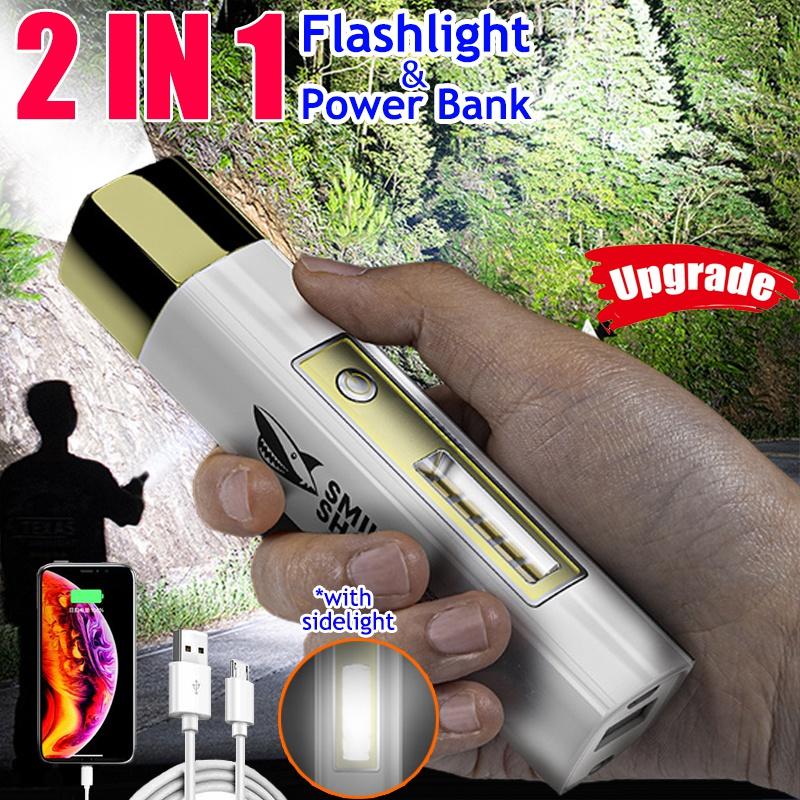 Professional Two-in-one LED Flashlight USB Rechargeable IPX6 Waterproof 4 Modes Outdoor Portable Waterproof ABS Strong Light Power Bank
