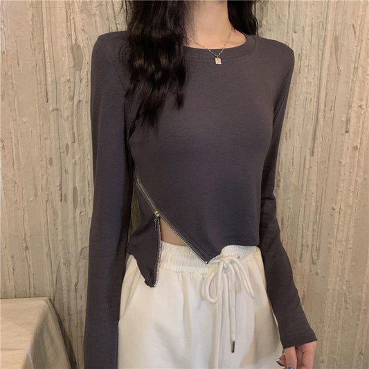 Fall Women's zipper Round O-neck Autumn Long Sleeve Casual slim T-shirt Blouse Pure color Leisure Pullover