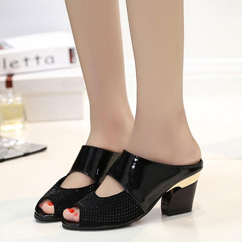 High-heeled Slippers Women's Medium-heeled Fish Mouth Slippers Thick-heeled Sandals Patent Leather Rhinestone Women's Sandals