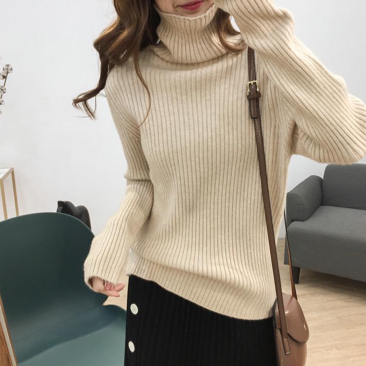Winter Lazy High Collar Thick Vertical Stripes Loose Thin Sweater Women Bottoming Shirt