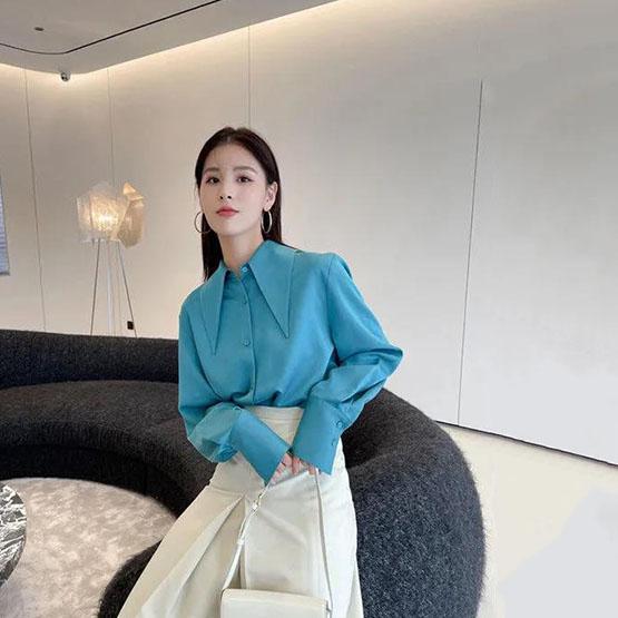 Women's Blue White Yellow Shirts Button Lapel Cardigan Tops Lady Loose Long Sleeve Oversized Shirt Women's Casual Blouses