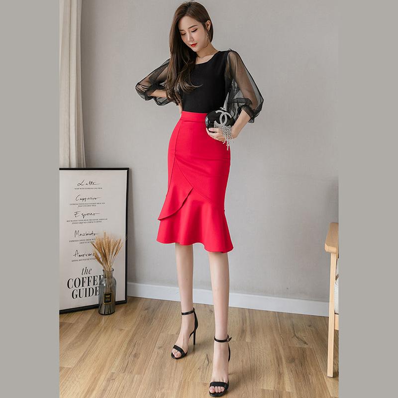 Ladies Mermaid Skirt High Waist High Elasticity Ruffle Mid-length Pack Hip Skirt Solid Color