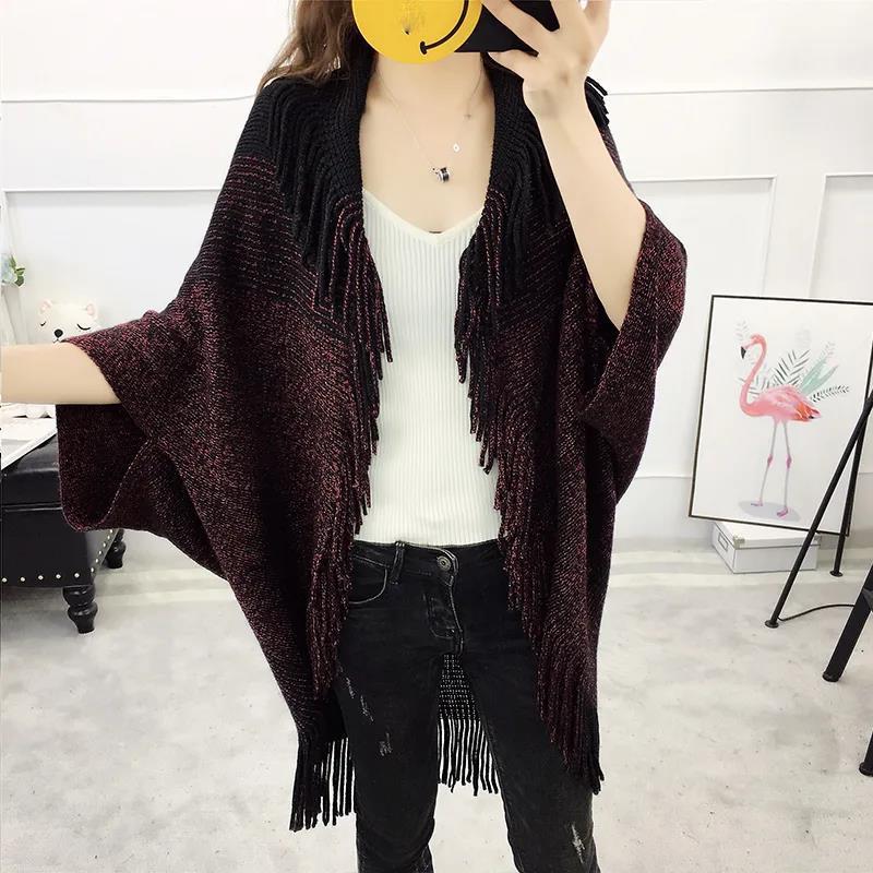 Loose Shawl Jacket Medium-length Women's Large-Size Knit Cardigan Cardigan Fringed Wild Cape Loose Large Fur Collar Knitwear Sweater Jacket