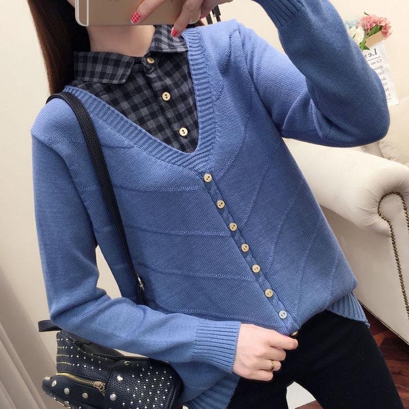 Autumn/Winter Korean Patchwork Pullover Loose Lapel Sweater Female Fake Two Piece Pullover Knitted Sweater Top