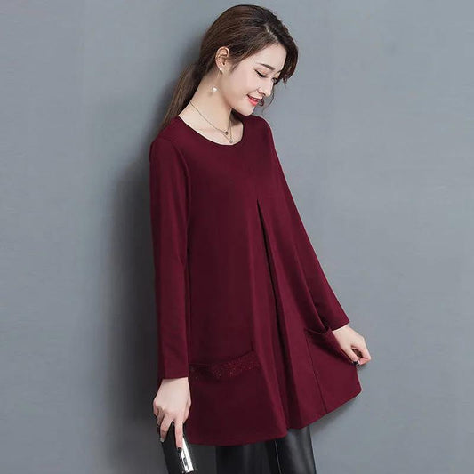 Spring Women T Shirt Casual O-Neck Solid Color Tee Shirts Tops Plus Size with Pockets Fall Pullover