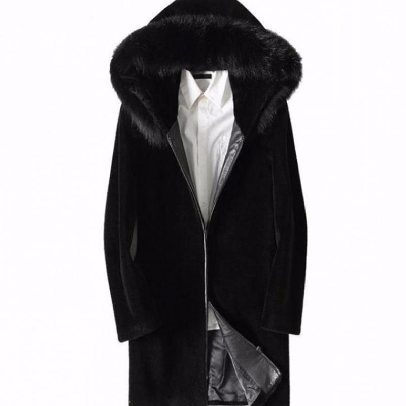 Haining Fur Coat One Mid-length Men's Fur Coat with Faux Fox Fur Collar Fur and Cotton Jacket
