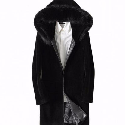 Haining Fur Coat One Mid-length Men's Fur Coat with Faux Fox Fur Collar Fur and Cotton Jacket