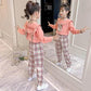 College Style Long-sleeved Plaid Pants Girls Spring and Autumn Two-piece Loose Breathable Bow Cute Casual Children's Suit