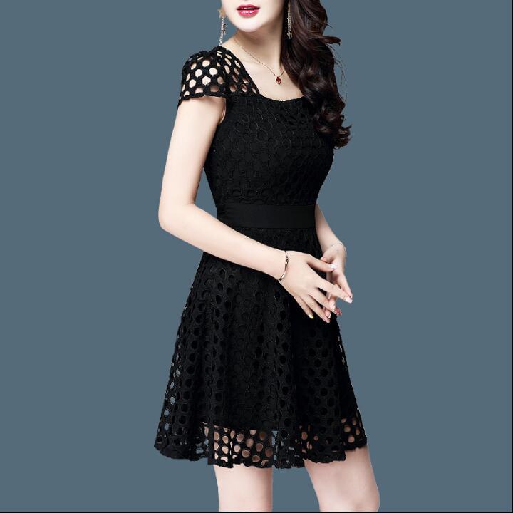 WTEMPO Summer Long Dress Female Short-sleeved Lace Skirt Sexy Waist Was Thin Large Size Skirt