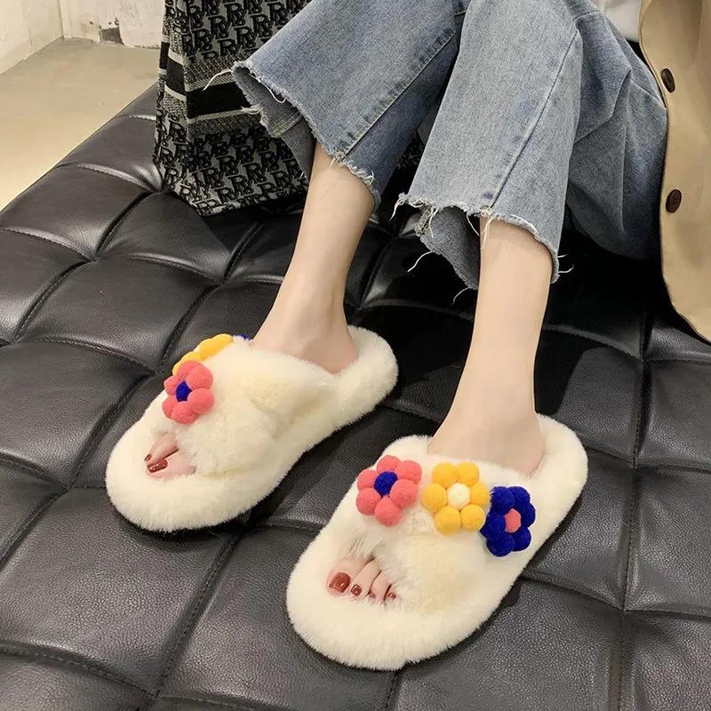 Hairy Slippers Women Winter Warm Comfortable and Cute All-match Flower Cotton Slippers Home Slip-resistant Women's Cotton Slippers