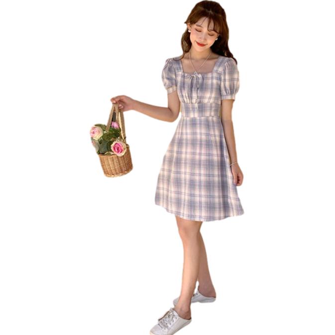 Summer French Elegant Square Neck Bubble Sleeve Plaid Dress Female Waist Slim Short Vacation Dress