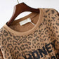 Women's Leopard Print Long Sleeve Sweater Autumn Korean Letter Print Loose Bottoming Shirt Short Round Neck Shirt