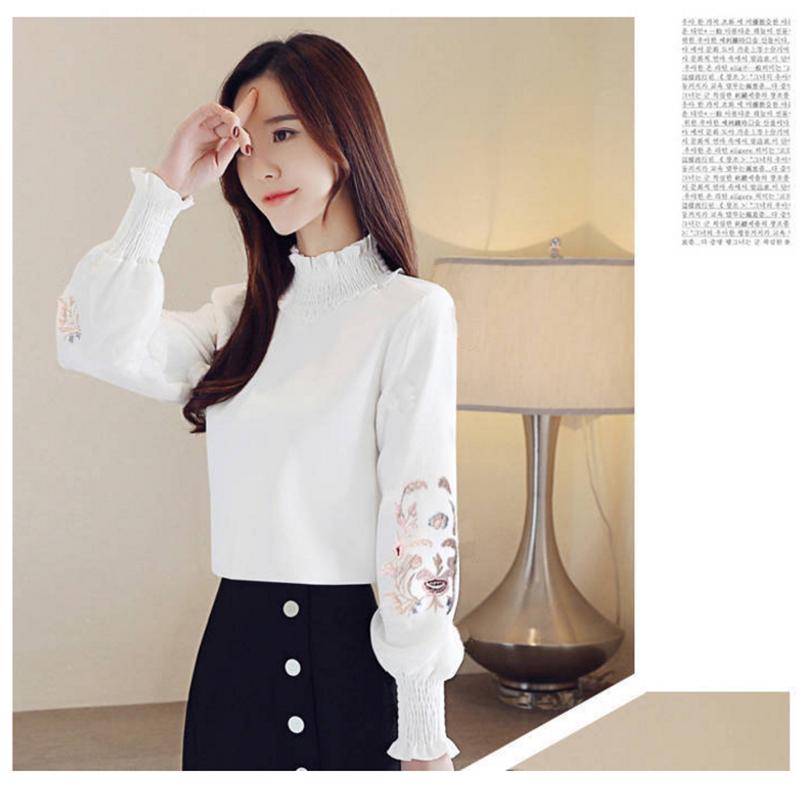 Pofulove Wild High Collar Long Sleeve Shirt Women Plus Velvet Embroidered Shirt Women Loose
