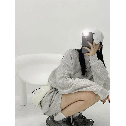 2PCS Waffle Sports and Leisure Suit Women's Autumn Large Size Loose Long-sleeved Sweater + Shorts Two-piece Suit Girls Athletic Jogging Clothing