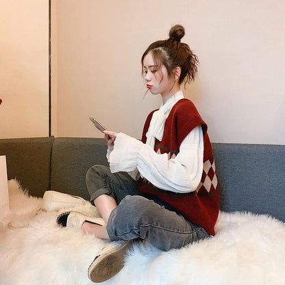 Spring and Autumn V-neck Color Matching Vest Women's Loose Sleeveless Waistcoat Outer Knit Sweater