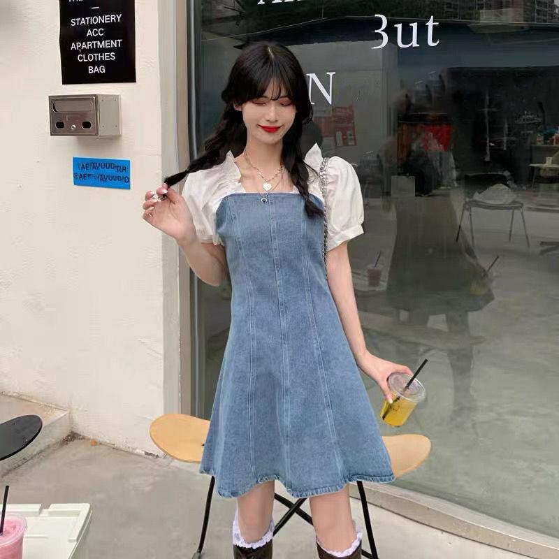 Women's Denim Dress Puff Sleeves Spring and Summer Sexy Short Dress Daily Wear Office Dating Party  A-line Dress