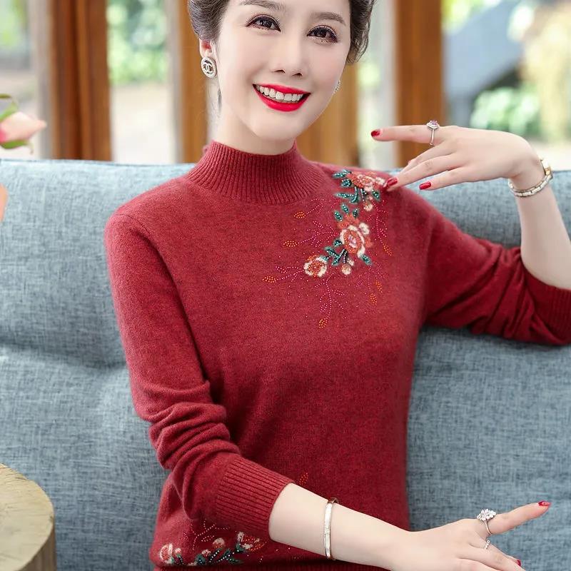 Women's Half Turtleneck Pullover Knitwear Fashion Sticky Diamond Print Long Sleeve Sweater Large Size Loose Cropped Top