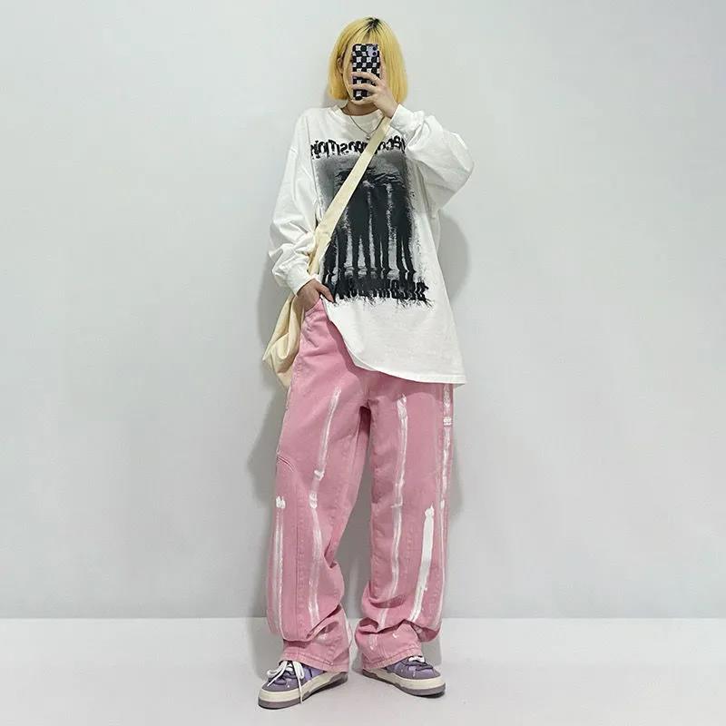 Pink Jeans Female Spring and Autumn Design INS Inkjet Wild Trend Loose Straight Bread Pants