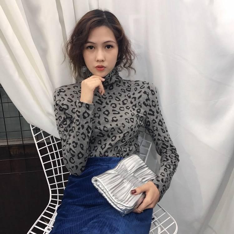 Women's High-neck Bottoming Shirt Long-sleeved Leopard Print Autumn and Winter Slim Fit All-match Thin T-shirt Women's Top