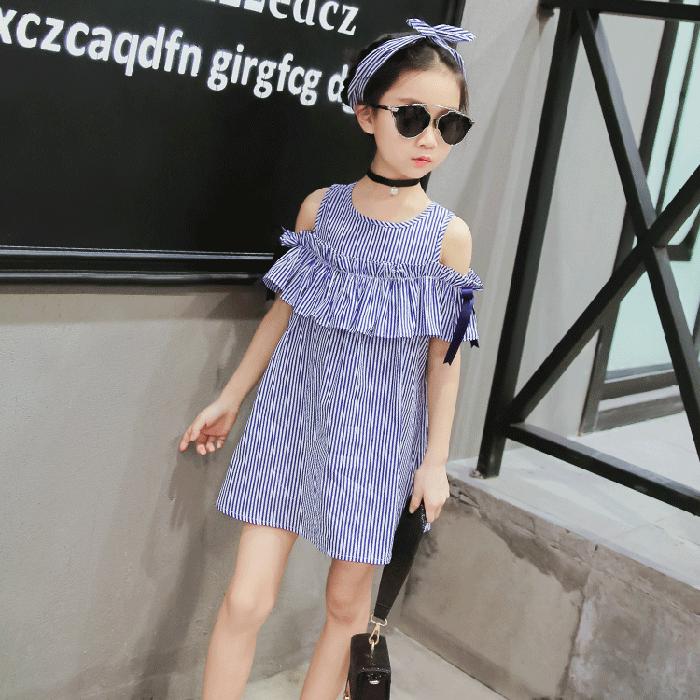 Summer Toddler Kids Baby Girls Lovely Clothes Blue Striped Off-shoulder Ruffles Party Gown Formal Dresse
