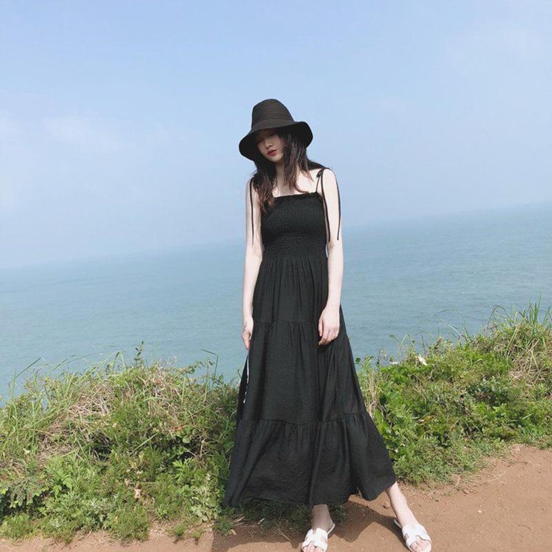 Summer Slim Sling One-shoulder Dress Women's Long Skirt Big Pendulum Little Black Dress Beach Holiday Dress Sexy Cute Dress