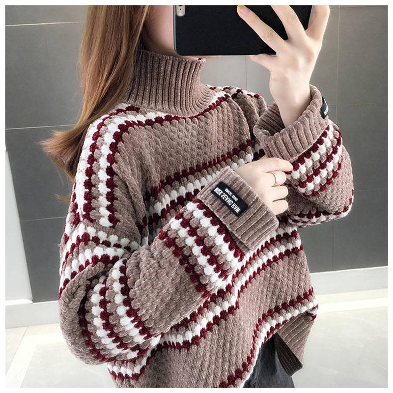 Pofulove Women stripe Turtleneck sweater pullover winter pleuche sweater Knit Long Sleeve jumper