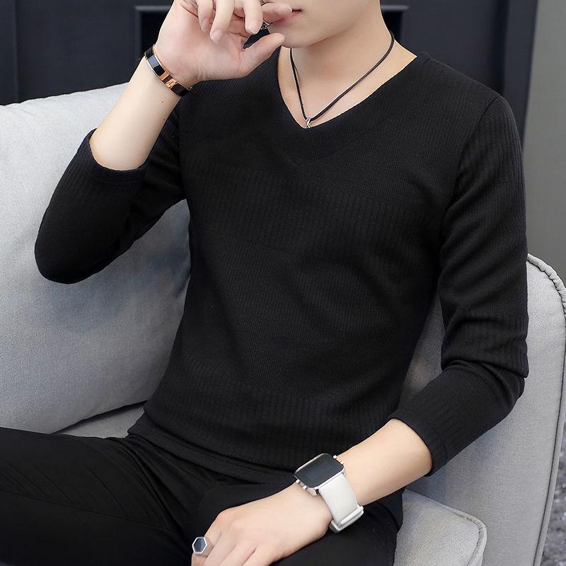 Men's Long-sleeved T-shirt Winter Warm Solid Color Bottoming Shirt Men's Knitted V-neck Outer Top