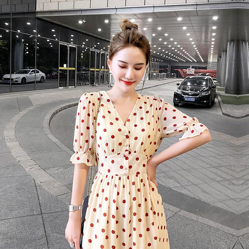 Chiffon Floral Fairy Dress French Style V-neck Temperament High Waist Thin Ruffle Dress Sweet and Lovely Temperament Elegant Chiffon Dress