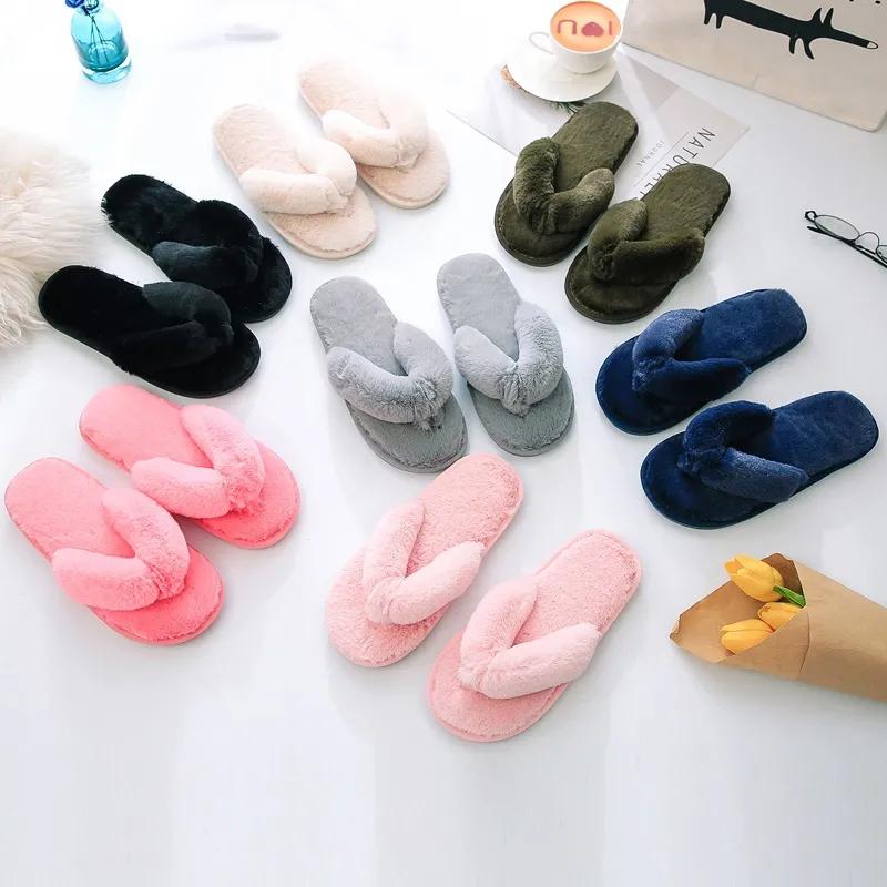 Warm Fluffy Slippers Women Cozy Faux Fur Cross Indoor Floor Slides Flat Soft Furry Shoes Ladies Female Celebrities Flip Flops