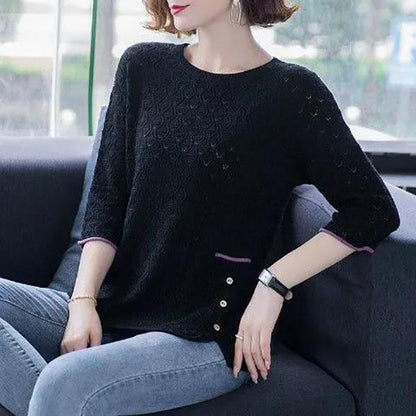Women Knitted Shirt Solid Color Hollow T-shirt Three-quarter Sleeve Shirt Casual Comfortable Pullover Summer