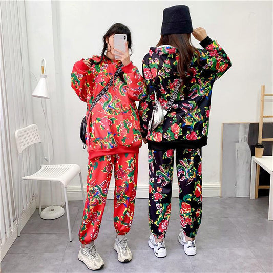 2pcs/set  Women Sweatshirt Set Loose Printed Hoodies Harem Pants Two-piece Set Laies Outfits