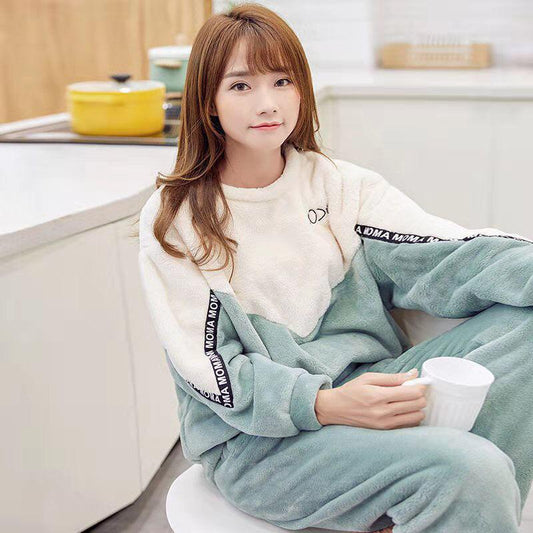 Autumn and Winter Coral Fleece Thickened Warm Round Neck Women's Pajamas Spring and Autumn Cute Student Long-sleeved Flannel Home Service Suit