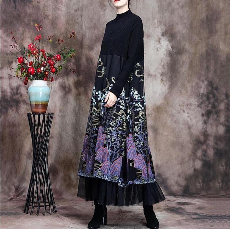 Autumn and Winter Bottoming Skirt Mid-length Retro Ethnic Embroidery Knitted Sweater Dress Long-sleeved Half-high Collar Lace Skirt