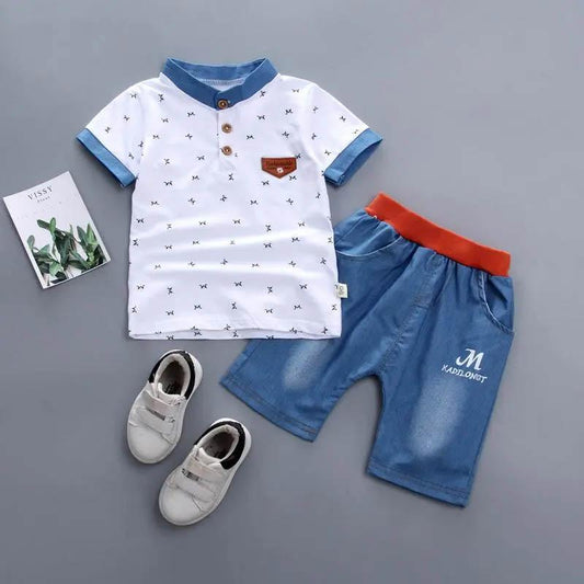 Children's Suit Boys Summer Breathable Light Thin Short Sleeve + Jeans Two-piece Korean Version Casual Cute Two-piece
