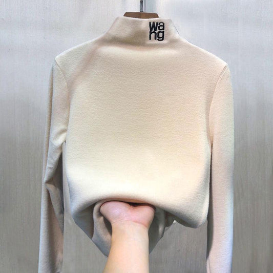 Double-sided Fleece Thick Sanded High-neck Bottoming Shirt Women Autumn Winter Korean Letter Embroidery Pullover Tops