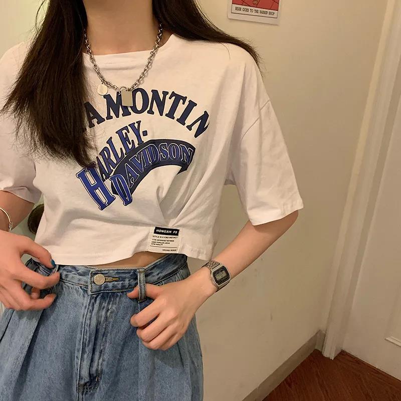 Women's Fashion Round Neck Digital Printing Half Sleeve Asymmetry Short T-shirt
